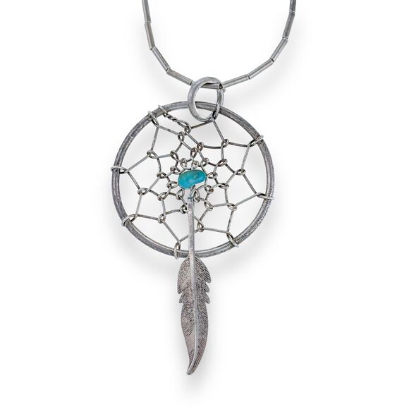 Sterling Liquid Silver 925 Turquoise Bead Dream Catcher Pendant Necklace 18.5" - Picture 1 of 4